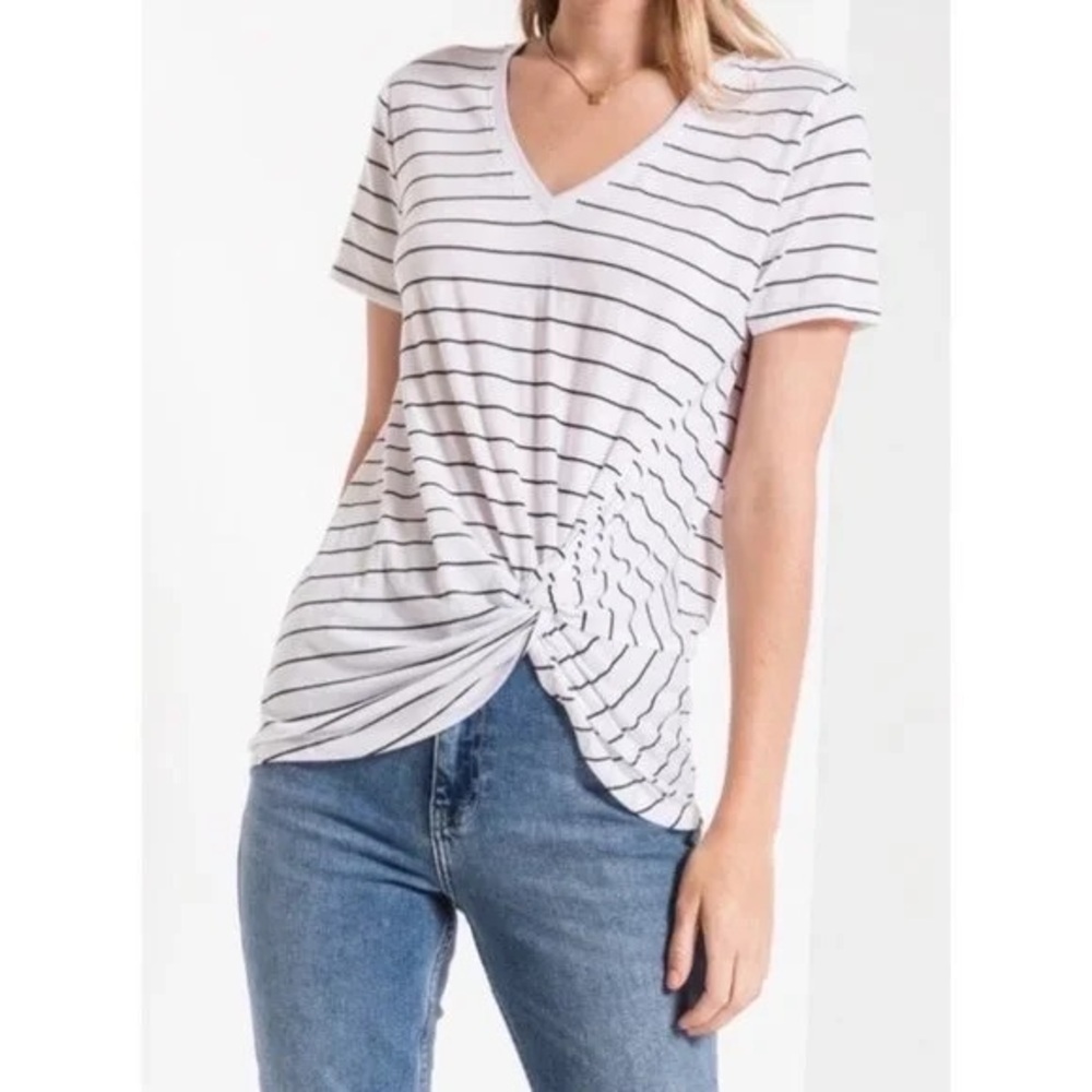 Altar'd State White & Black Striped V-Neck Knot Front Tee